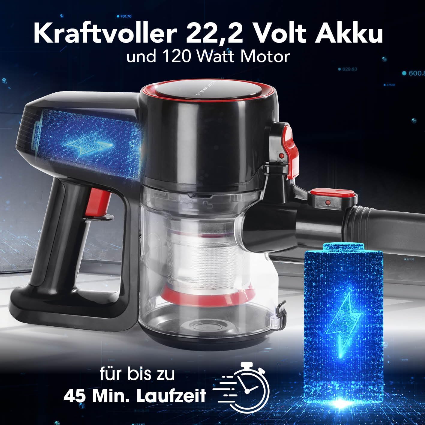 CLEANmaxx kabelloser Akku-Zyklon-Staubsauger | Leistungsstarker Handstaubsauger inkl. 800 ml beutellosem Staubbehälter | Bodensauger mit Edelstahl- & HEPA-Filter | Mit elektr. Bodendüse & LED-Licht — Ansicht 6