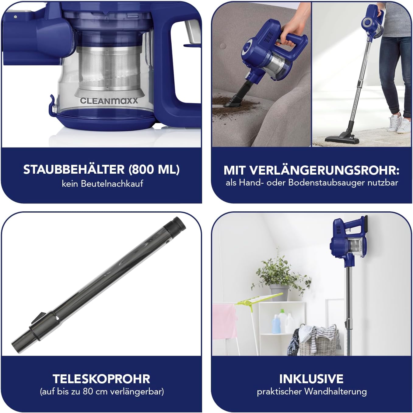CLEANmaxx Kabelloser Hand- und Bodenstaubsauger | Flexible & kraftvolle Reinigung für EIN rundum sauberes Zuhause | Leistungsstark und einfach in der Handhabung Dank verstellbarem Teleskoprohr — Ansicht 3
