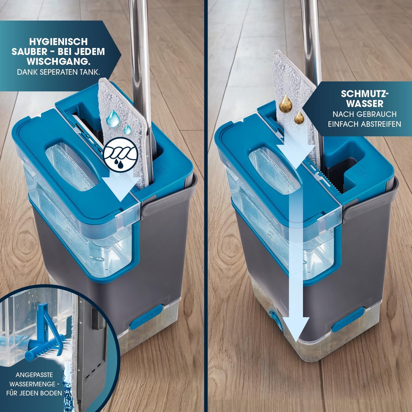 CLEANmaxx Komfort-Mopp DuoTank - Bodenwischer mit abnehmbaren Tanks, Wischmopp mit 100 % hygienisch getrenntem Frisch- und Schmutzwasser | Wash- & Dry-Zonen | 132 cm Stiel, inkl. 2 Mikrofasertücher — Ansicht 3