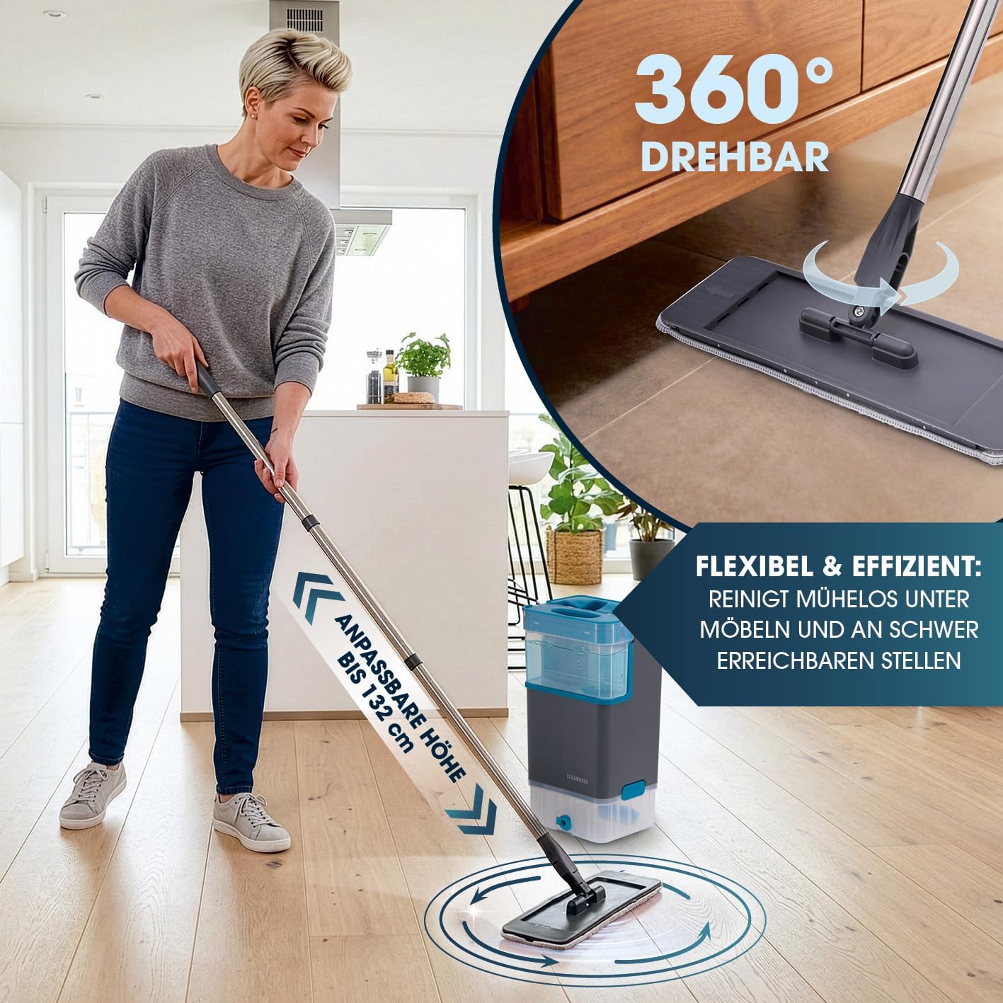 CLEANmaxx Komfort-Mopp DuoTank - Bodenwischer mit abnehmbaren Tanks, Wischmopp mit 100 % hygienisch getrenntem Frisch- und Schmutzwasser | Wash- & Dry-Zonen | 132 cm Stiel, inkl. 2 Mikrofasertücher — Ansicht 4