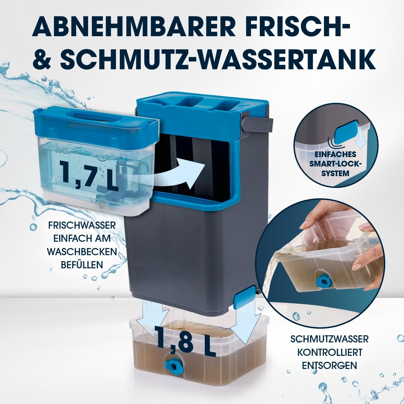 CLEANmaxx Komfort-Mopp DuoTank - Bodenwischer mit abnehmbaren Tanks, Wischmopp mit 100 % hygienisch getrenntem Frisch- und Schmutzwasser | Wash- & Dry-Zonen | 132 cm Stiel, inkl. 2 Mikrofasertücher — Ansicht 6