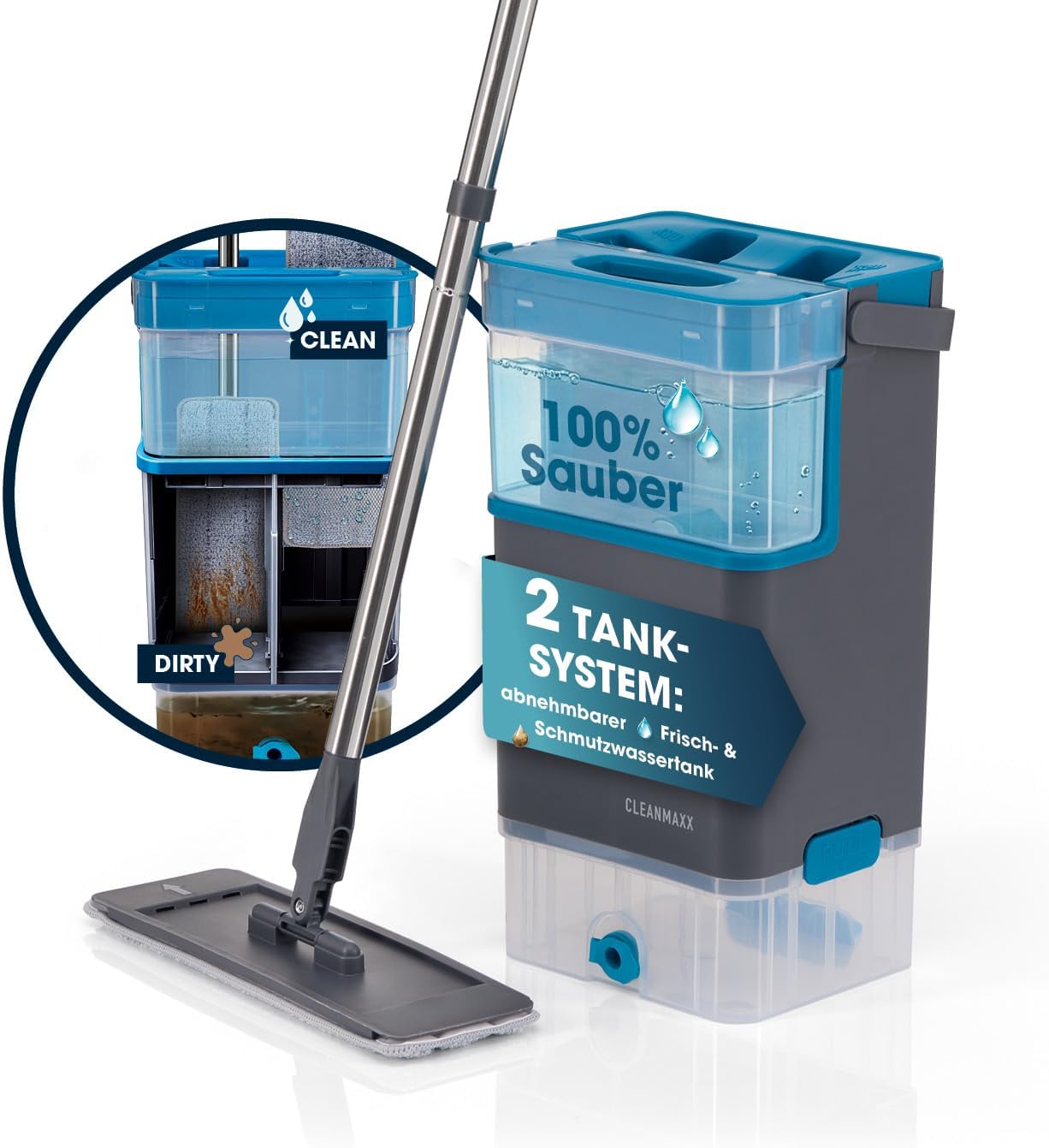 CLEANmaxx Komfort-Mopp DuoTank - Bodenwischer mit abnehmbaren Tanks, Wischmopp mit 100 % hygienisch getrenntem Frisch- und Schmutzwasser | Wash- & Dry-Zonen | 132 cm Stiel, inkl. 2 Mikrofasertücher