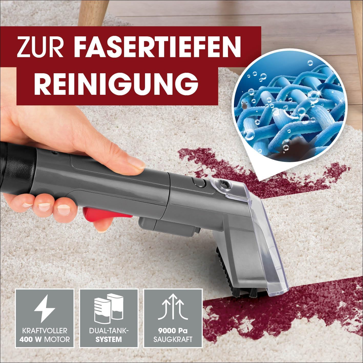 CLEANmaxx Kompakt Plus Polsterreiniger Gerät 400W | kompakter Waschsauger mit 2 Düsen & Dual-Tank | ideal für Sofa Auto Teppich Polster | kraftvolle Fleckenreinigung im Haushalt — Ansicht 2