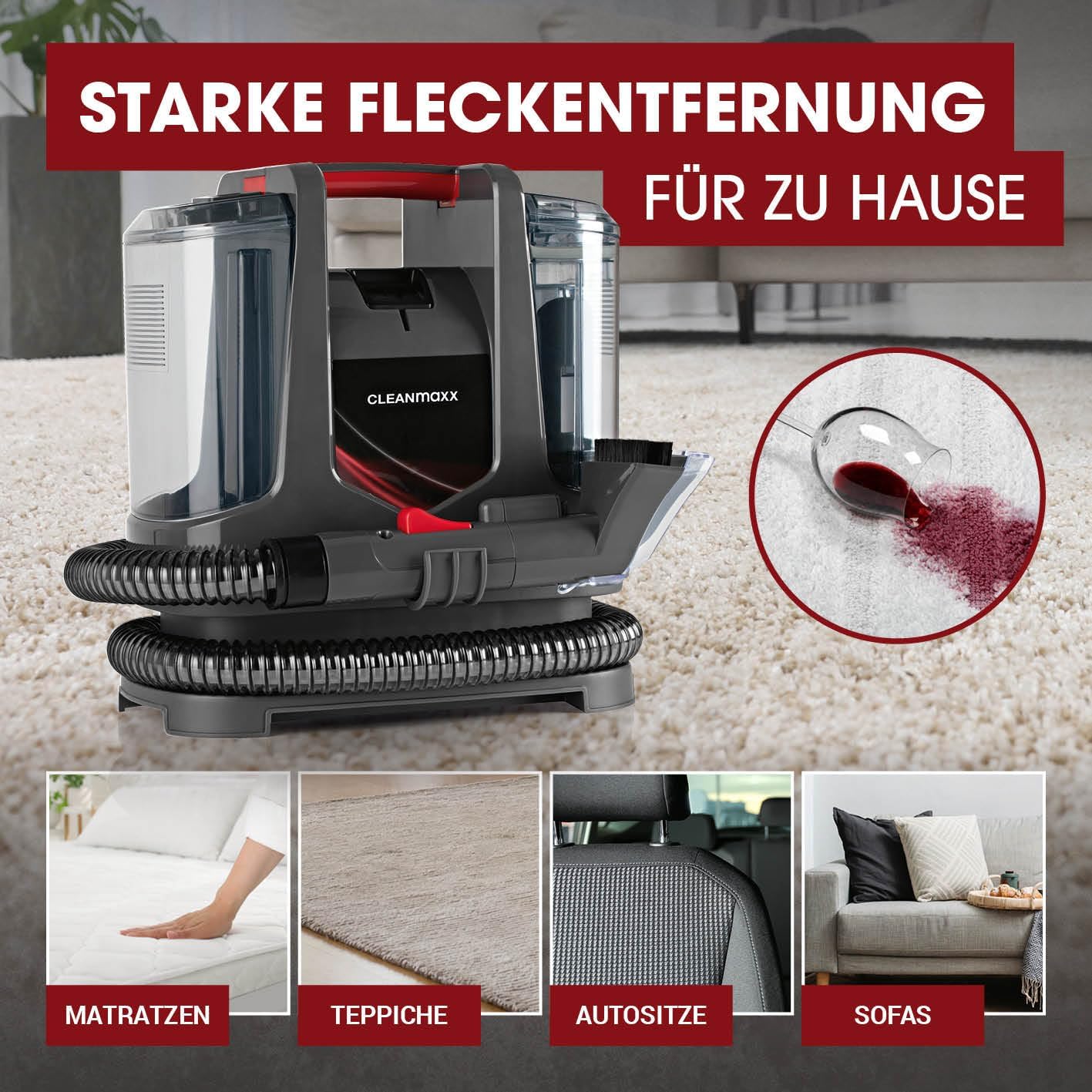CLEANmaxx Kompakt Plus Polsterreiniger Gerät 400W | kompakter Waschsauger mit 2 Düsen & Dual-Tank | ideal für Sofa Auto Teppich Polster | kraftvolle Fleckenreinigung im Haushalt — Ansicht 3