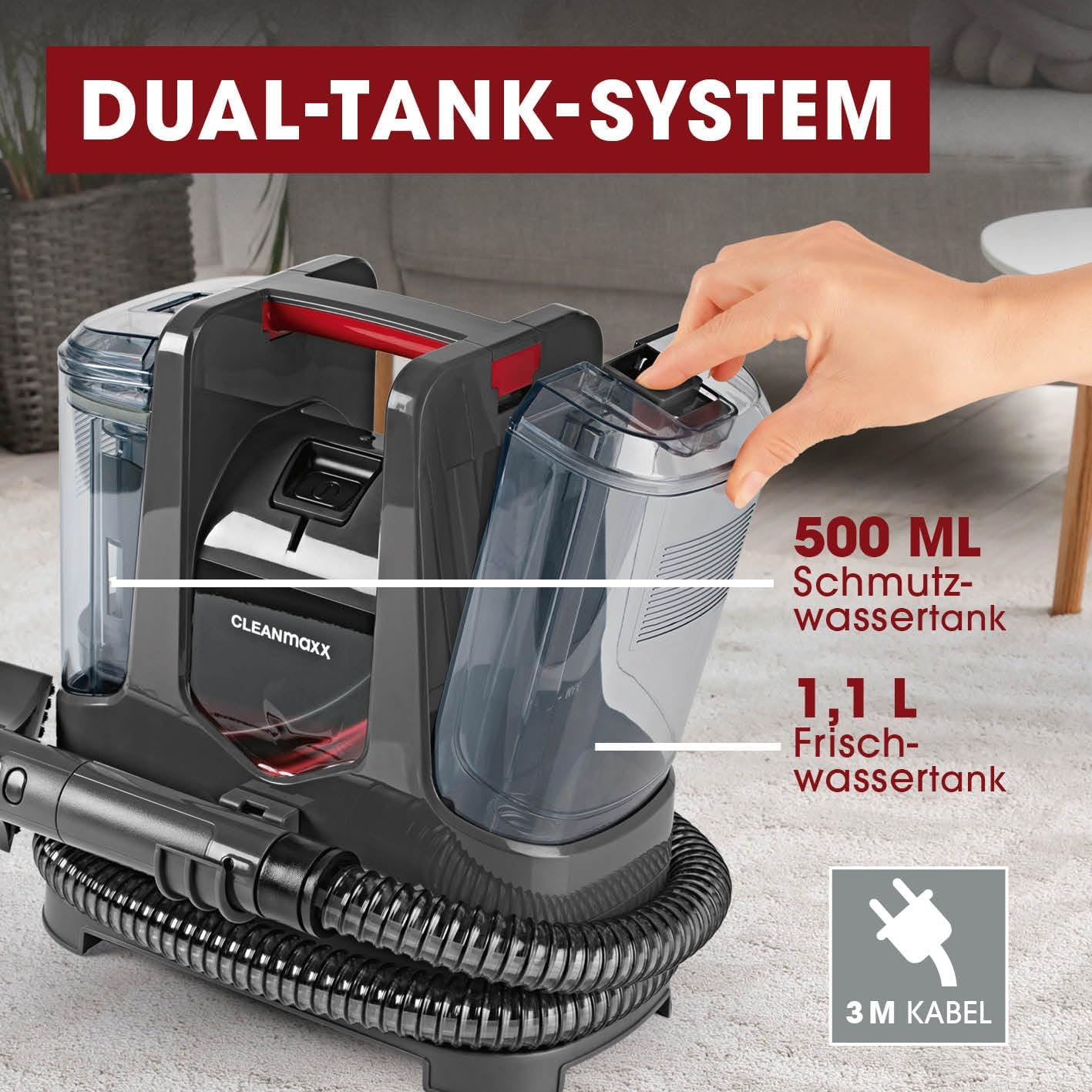 CLEANmaxx Kompakt Plus Polsterreiniger Gerät 400W | kompakter Waschsauger mit 2 Düsen & Dual-Tank | ideal für Sofa Auto Teppich Polster | kraftvolle Fleckenreinigung im Haushalt — Ansicht 5
