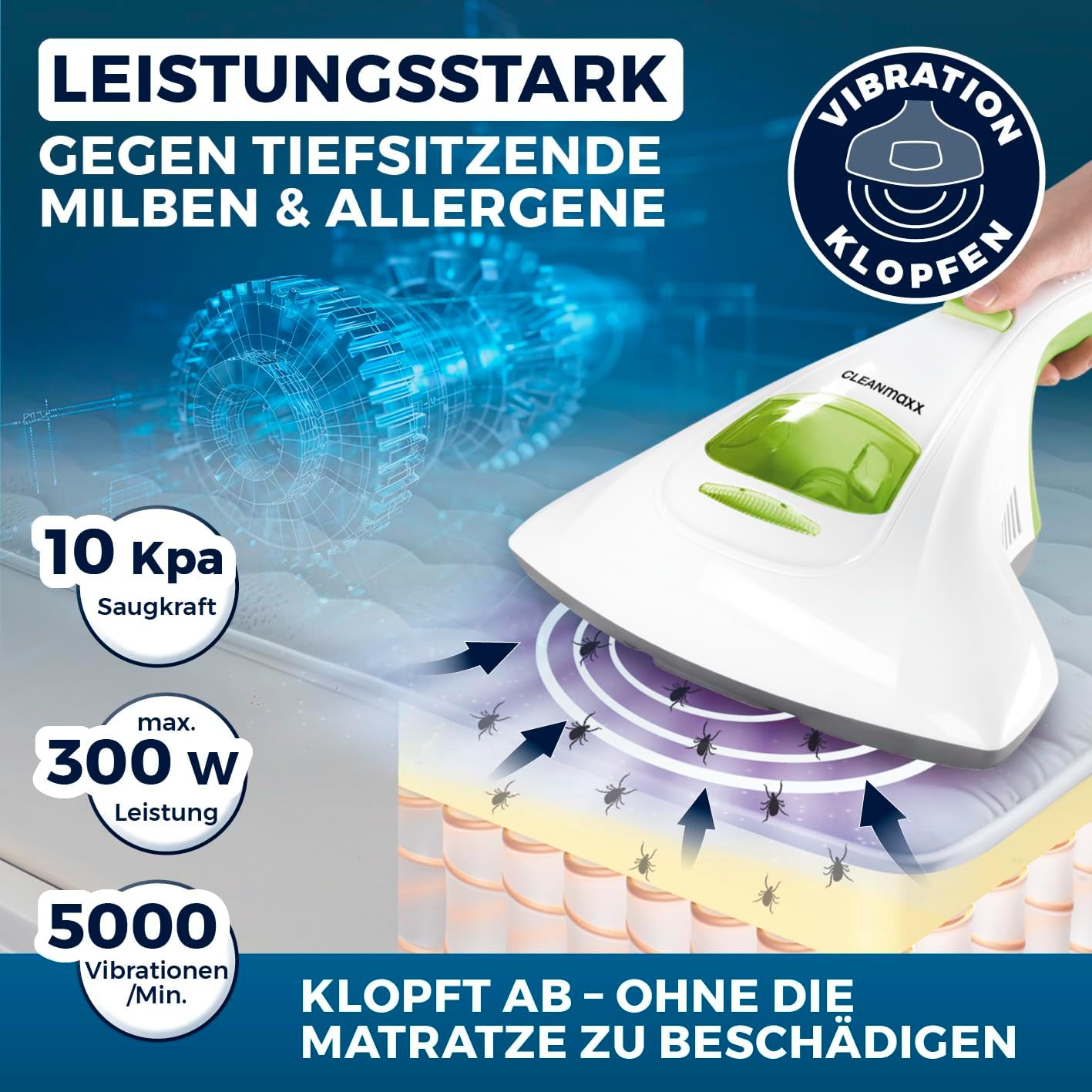 CLEANmaxx Milben Hand-Staubsauger vernichtet bis zu 99 Prozent Aller Milben | Effektive, chemiefreie Reinigung mit UV-C-Licht | Perfekt auch für Allergiker zum Absaugen & Desinfizieren von Matratzen — Ansicht 3