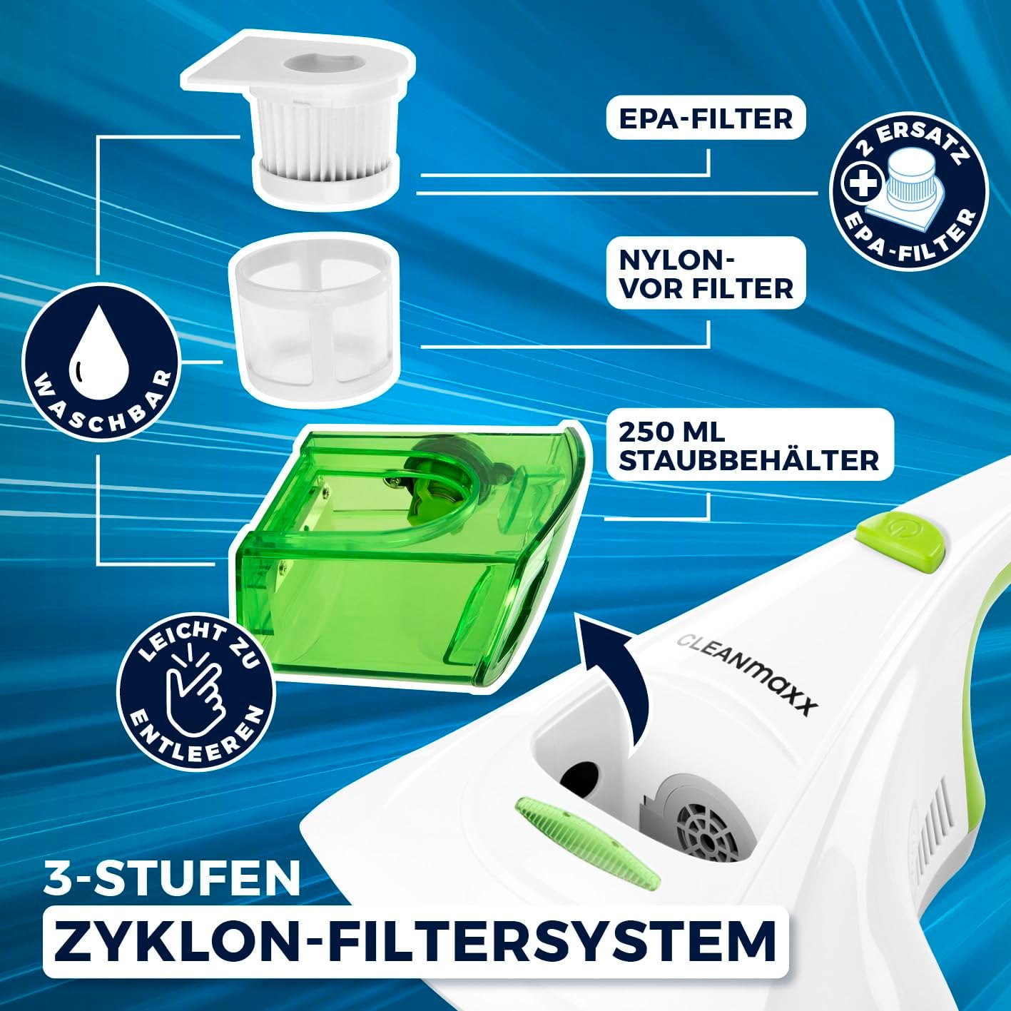 CLEANmaxx Milben Hand-Staubsauger vernichtet bis zu 99 Prozent Aller Milben | Effektive, chemiefreie Reinigung mit UV-C-Licht | Perfekt auch für Allergiker zum Absaugen & Desinfizieren von Matratzen — Ansicht 6