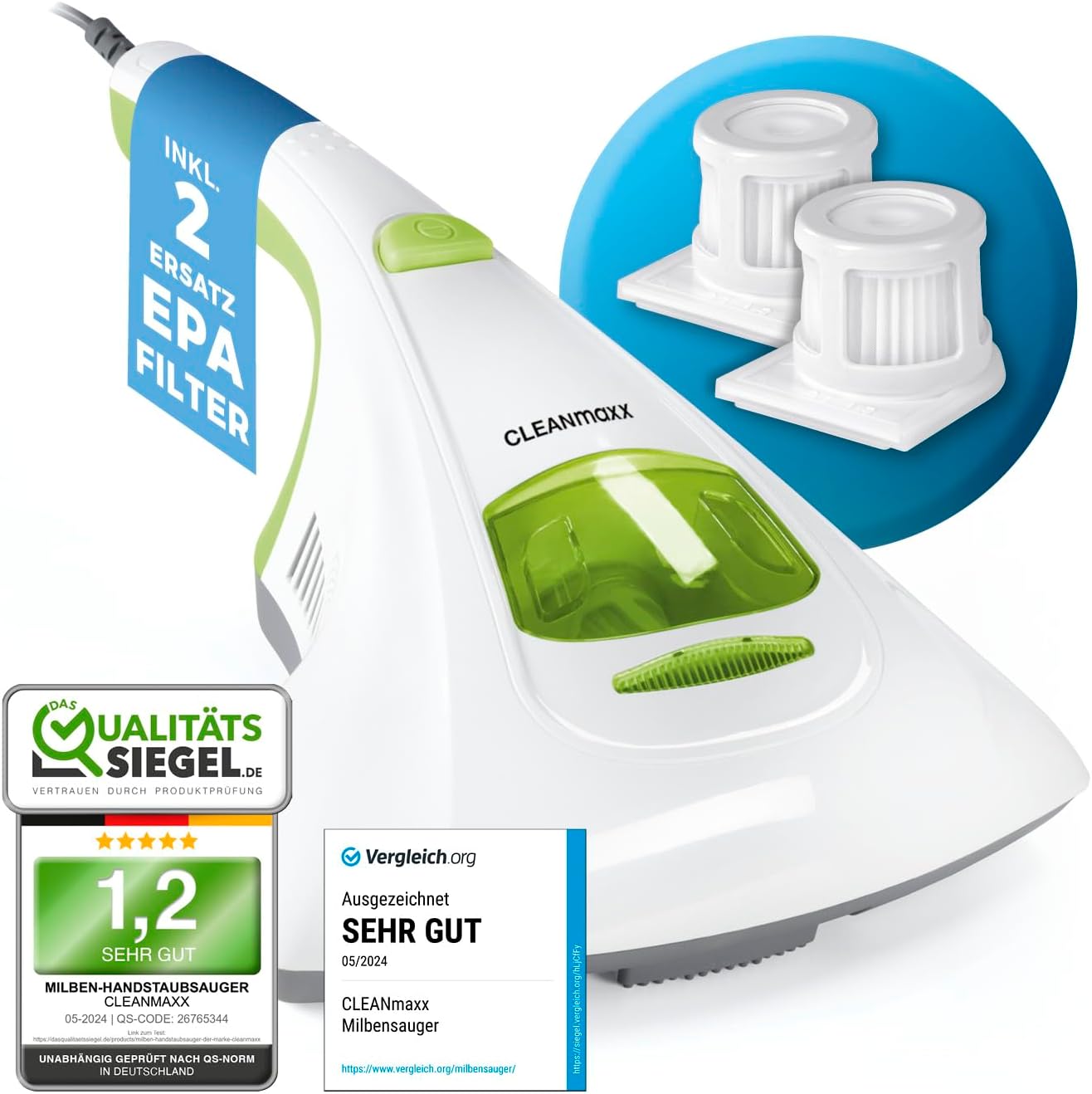 CLEANmaxx Milben Hand-Staubsauger vernichtet bis zu 99 Prozent Aller Milben | Effektive, chemiefreie Reinigung mit UV-C-Licht | Perfekt auch für Allergiker zum Absaugen & Desinfizieren von Matratzen