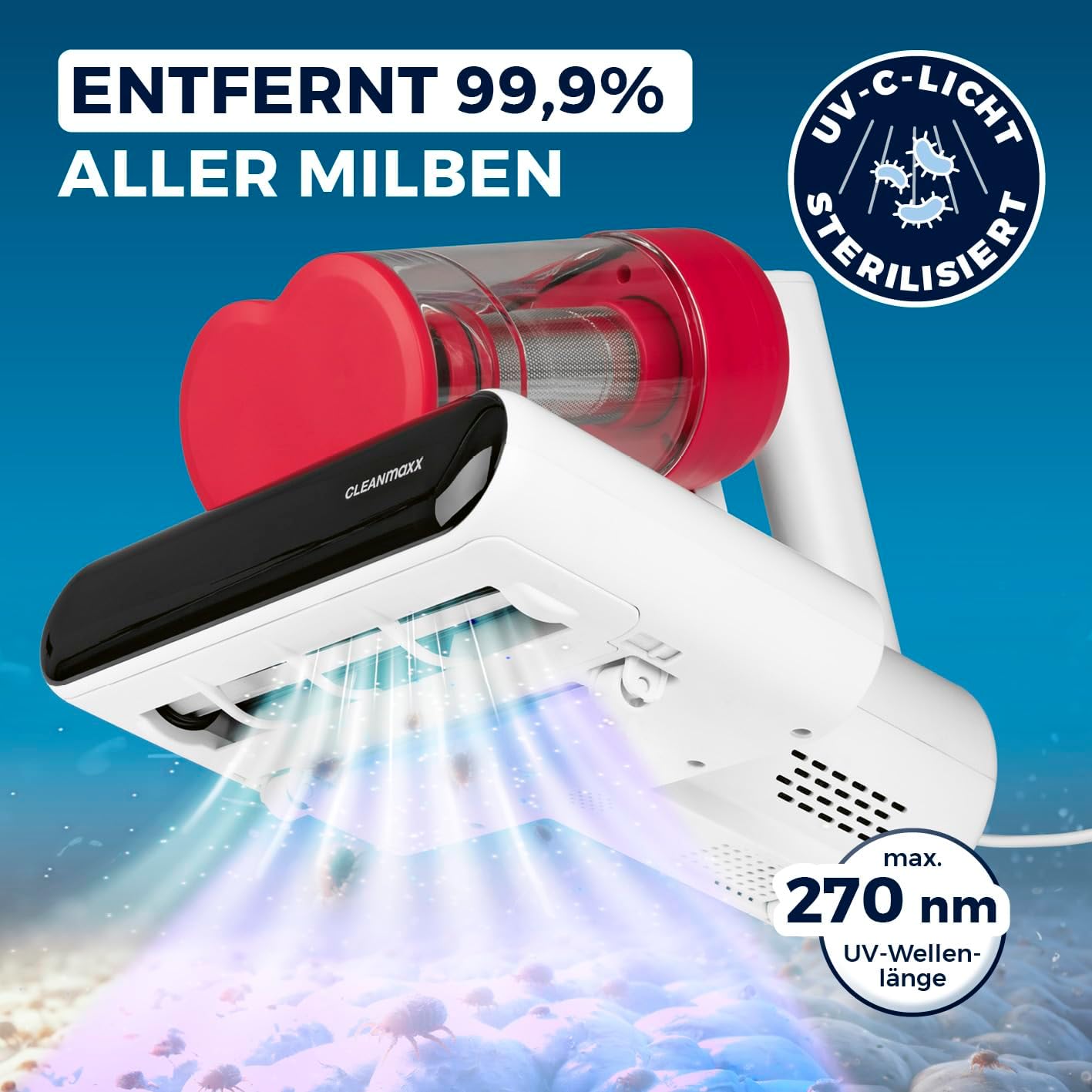 CLEANmaxx Milbensauger für Matratzen mit UV-C-Licht, Rotation | Matratzenreiniger mit HEPA-Filter, entfernt 99,9% Aller Milben | Matratzensauger mit Ultraschall, Hitze & Vibration — Ansicht 2