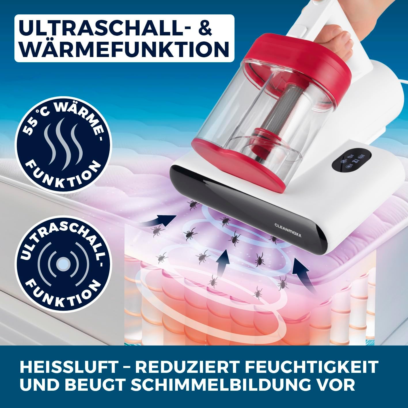 CLEANmaxx Milbensauger für Matratzen mit UV-C-Licht, Rotation | Matratzenreiniger mit HEPA-Filter, entfernt 99,9% Aller Milben | Matratzensauger mit Ultraschall, Hitze & Vibration — Ansicht 4