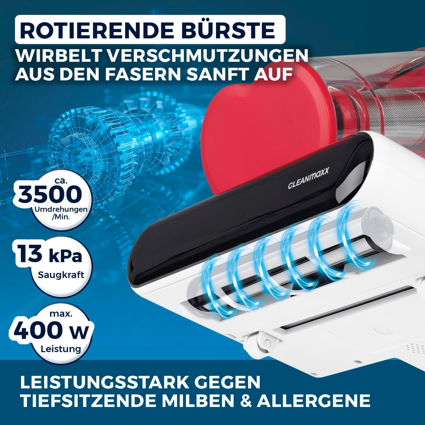 CLEANmaxx Milbensauger für Matratzen mit UV-C-Licht, Rotation | Matratzenreiniger mit HEPA-Filter, entfernt 99,9% Aller Milben | Matratzensauger mit Ultraschall, Hitze & Vibration — Ansicht 5