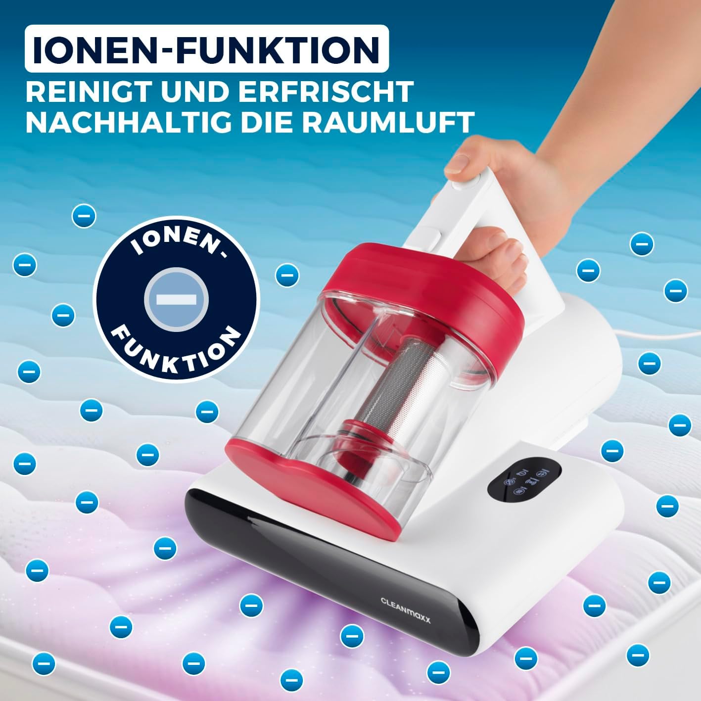 CLEANmaxx Milbensauger für Matratzen mit UV-C-Licht, Rotation | Matratzenreiniger mit HEPA-Filter, entfernt 99,9% Aller Milben | Matratzensauger mit Ultraschall, Hitze & Vibration — Ansicht 6