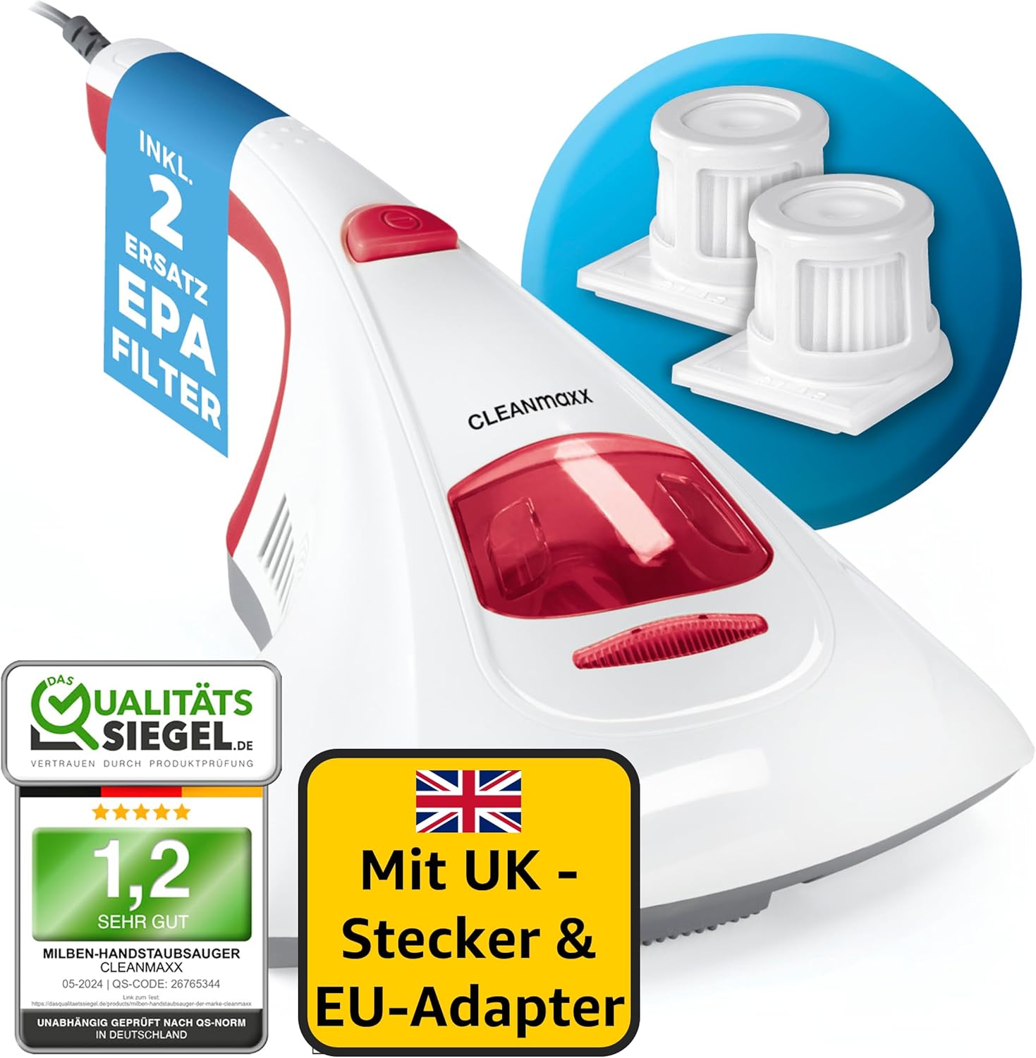 CLEANmaxx Milbensauger mit UK Stecker & Reiseadapter | Allergenbekämpfung & Sterilisation durch UV-C-Licht & Feinstaubfilter | Chemiefrei & sicher für Bett, Matratze etc. | Waschbarer Feinstaubfilter