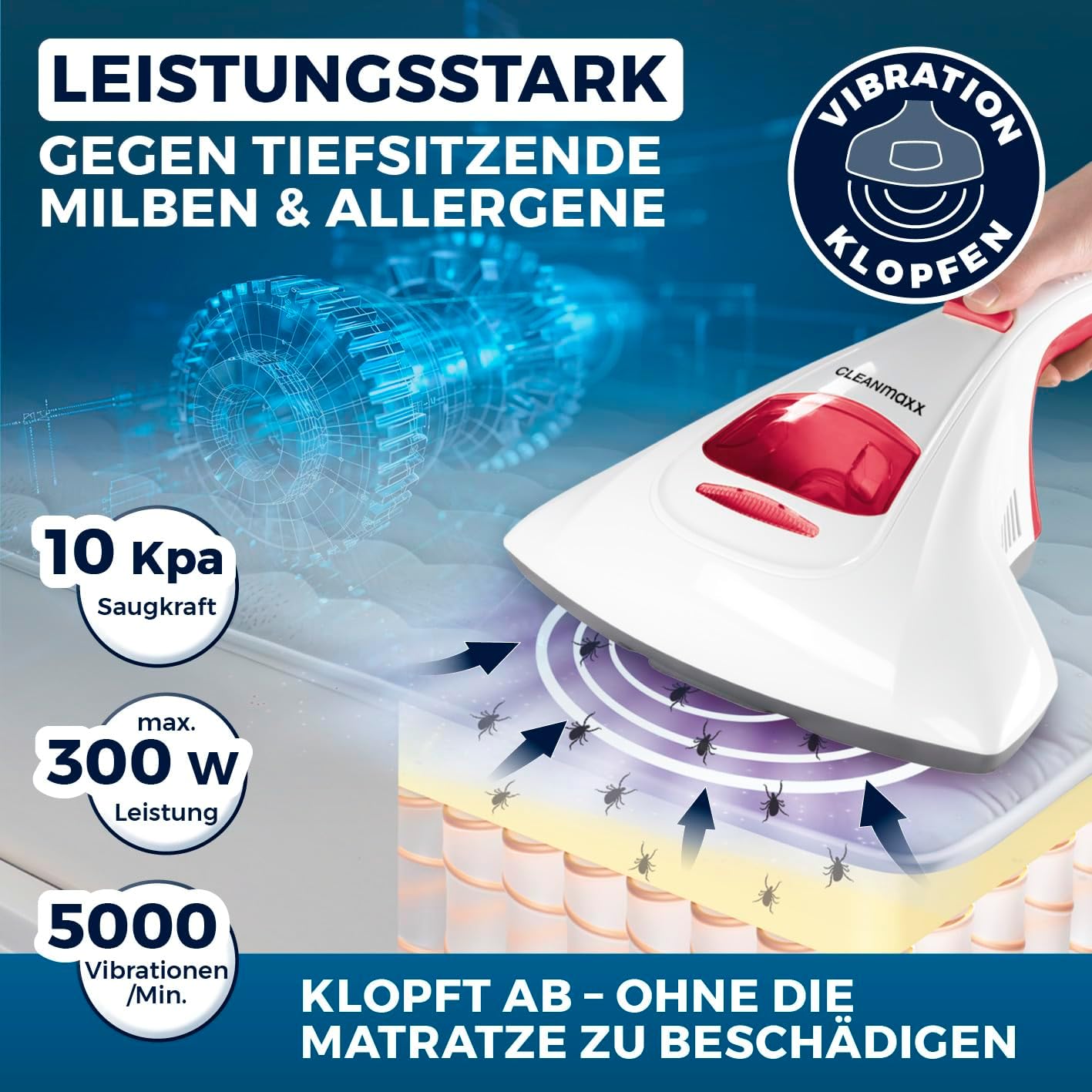 CLEANmaxx Milbensauger mit UK Stecker & Reiseadapter | Allergenbekämpfung & Sterilisation durch UV-C-Licht & Feinstaubfilter | Chemiefrei & sicher für Bett, Matratze etc. | Waschbarer Feinstaubfilter — Ansicht 3