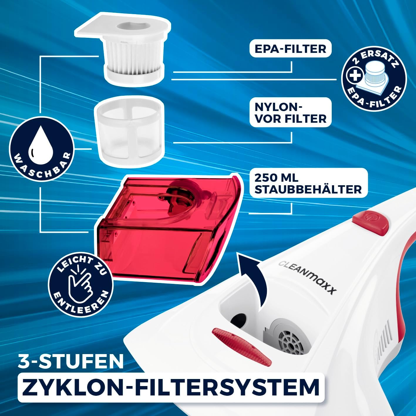 CLEANmaxx Milbensauger mit UK Stecker & Reiseadapter | Allergenbekämpfung & Sterilisation durch UV-C-Licht & Feinstaubfilter | Chemiefrei & sicher für Bett, Matratze etc. | Waschbarer Feinstaubfilter — Ansicht 6