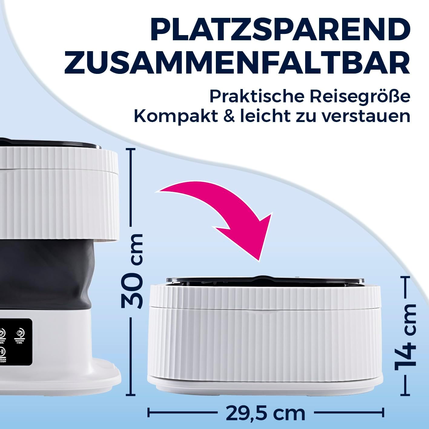 CLEANmaxx Mini-Waschmaschine ideal für Unterwegs | Mobile Waschmaschine mit 2 Waschprogrammen & einem Schleudergang | Zusammenfaltbar & leise | Für bis zu 1kg Wäsche | Geeignet für Camping & Reisen — Ansicht 2