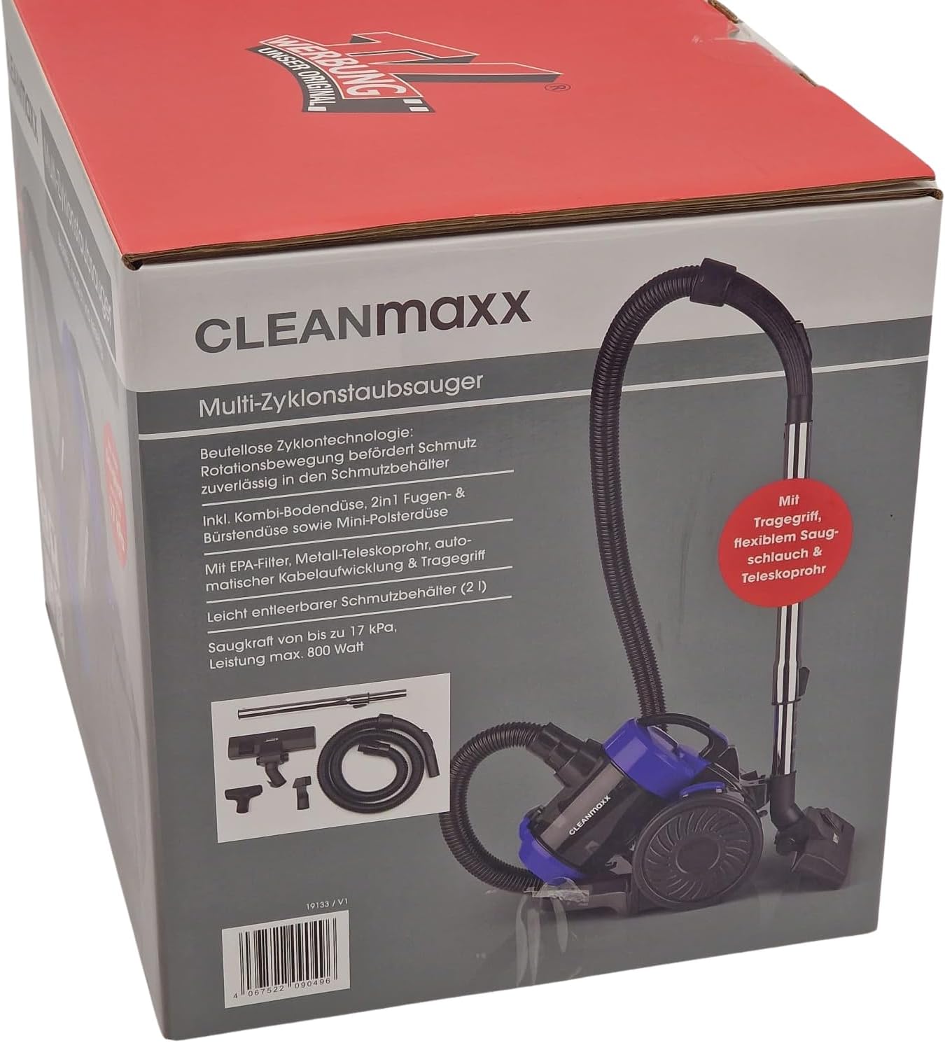 CLEANmaxx Multi-Zyklonstaubsauger 800 W beutellos mit EPA-Filter | 17 kPa Saugkraft | 2 l Staubbehälter | Kabelaufwicklung | Metall-Teleskoprohr | Inkl. Zubehör — Ansicht 5