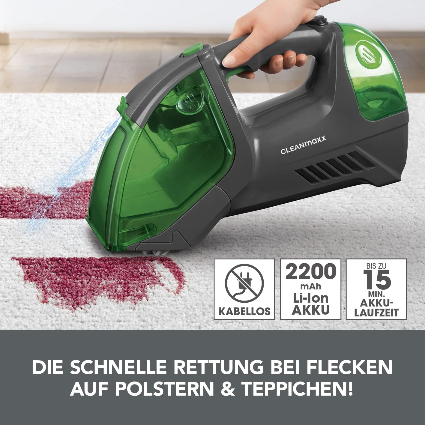 CLEANmaxx Polster- & Teppichreiniger | kabellos, tragbar und handlich | geeignet für Polstermöbel, Matratzen, Teppiche und Autositze | 2200mAh Akku für bis zu 15 min Dauerbetrieb [anthrazit/grün] — Ansicht 2