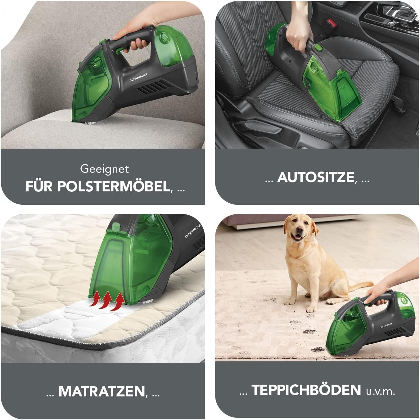 CLEANmaxx Polster- & Teppichreiniger | kabellos, tragbar und handlich | geeignet für Polstermöbel, Matratzen, Teppiche und Autositze | 2200mAh Akku für bis zu 15 min Dauerbetrieb [anthrazit/grün] — Ansicht 3