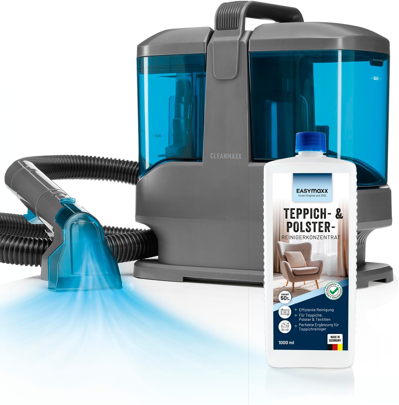 CLEANmaxx Polsterreiniger Gerät Kompakt Pro inkl. Teppichreiniger Mittel | 13 kPa Nasssauger für Polster - auch ideal als Teppich Reinigungsgerät | Sofa Reiniger für Waschsauger mit Doppelkammer-Tank