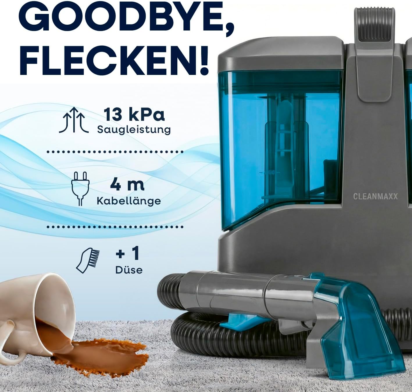 CLEANmaxx Polsterreiniger Gerät Kompakt Pro | Nasssauger & Teppichreiniger in einem | 13 kPa Waschsauger für Polster & Autositze - auch ideal als Teppich Reinigungsgerät | Sofa Reiniger mit Dual-Tank — Ansicht 4