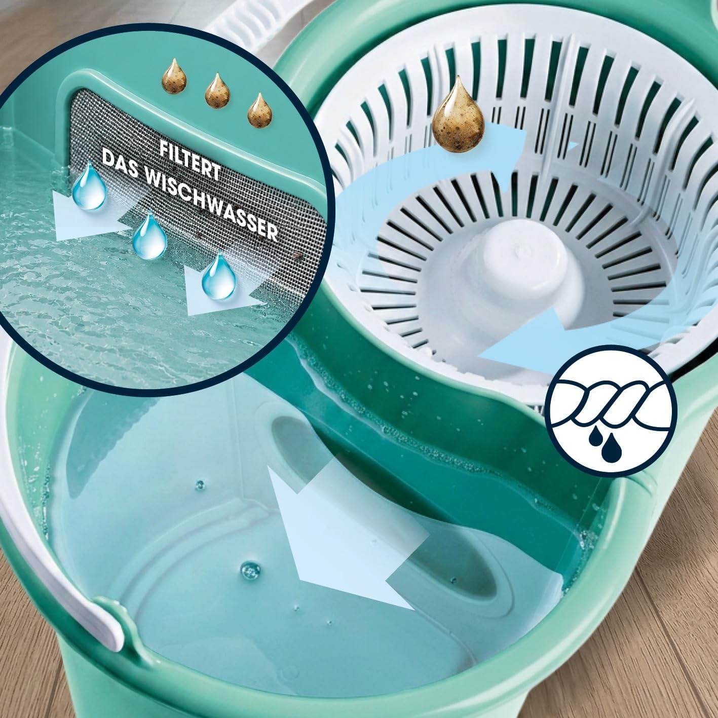 CLEANmaxx Power-Wischmopp mit Zwei-Kammer-Filtersystem | Designed in Deutschland - Schmutzwasser wird gefiltert, leichtes Auswringen für streifenfreie Sauberkeit | Ideal für Laminat, Parkett & Fliesen — Ansicht 3