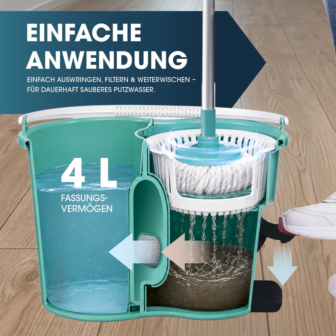 CLEANmaxx Power-Wischmopp mit Zwei-Kammer-Filtersystem | Designed in Deutschland - Schmutzwasser wird gefiltert, leichtes Auswringen für streifenfreie Sauberkeit | Ideal für Laminat, Parkett & Fliesen — Ansicht 4