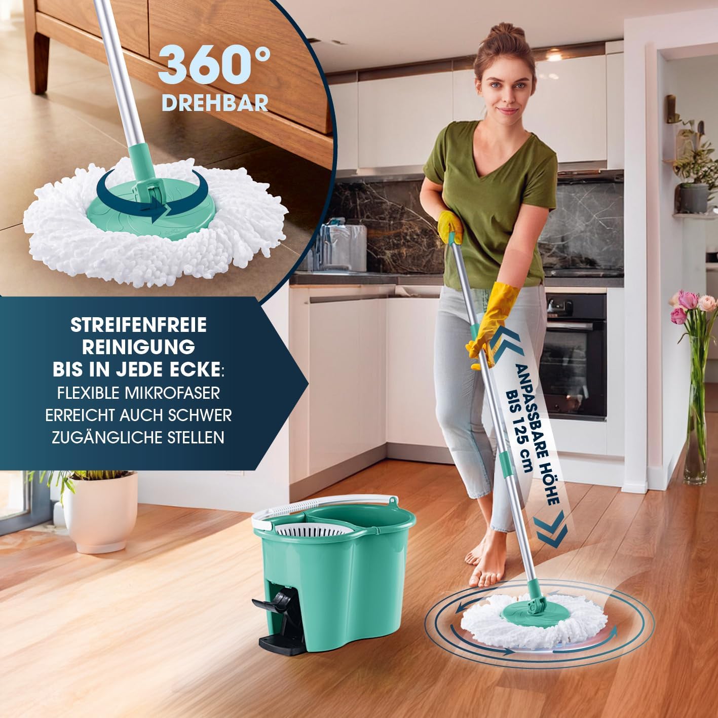 CLEANmaxx Power-Wischmopp mit Zwei-Kammer-Filtersystem | Designed in Deutschland - Schmutzwasser wird gefiltert, leichtes Auswringen für streifenfreie Sauberkeit | Ideal für Laminat, Parkett & Fliesen — Ansicht 5