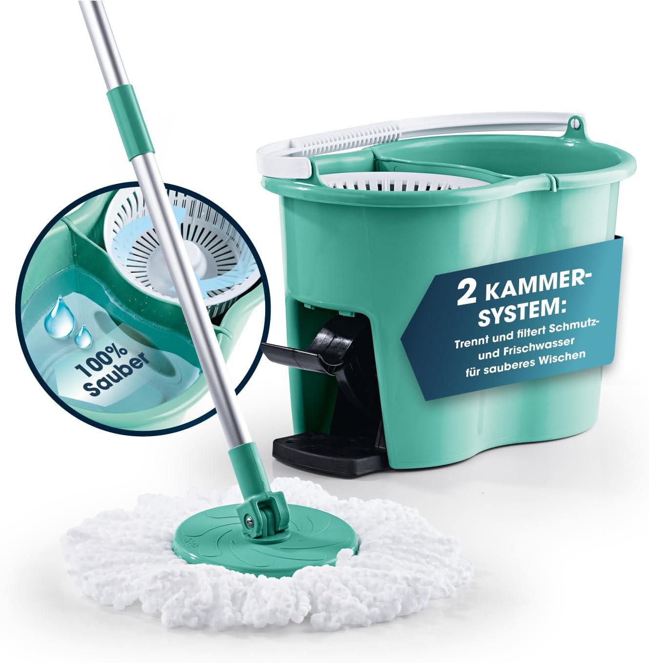 CLEANmaxx Power-Wischmopp mit Zwei-Kammer-Filtersystem | Designed in Deutschland - Schmutzwasser wird gefiltert, leichtes Auswringen für streifenfreie Sauberkeit | Ideal für Laminat, Parkett & Fliesen
