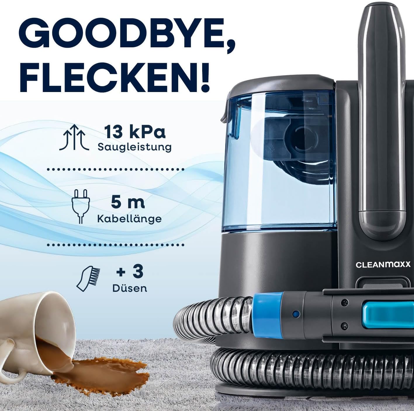 CLEANmaxx Pro Power Polsterreiniger Gerät 600W Blau | leistungsstarker Waschsauger mit Dual-Tank & Selbstreinigung | ideal für Sofa Auto Teppich Polster | starke Fleckenentfernung — Ansicht 2