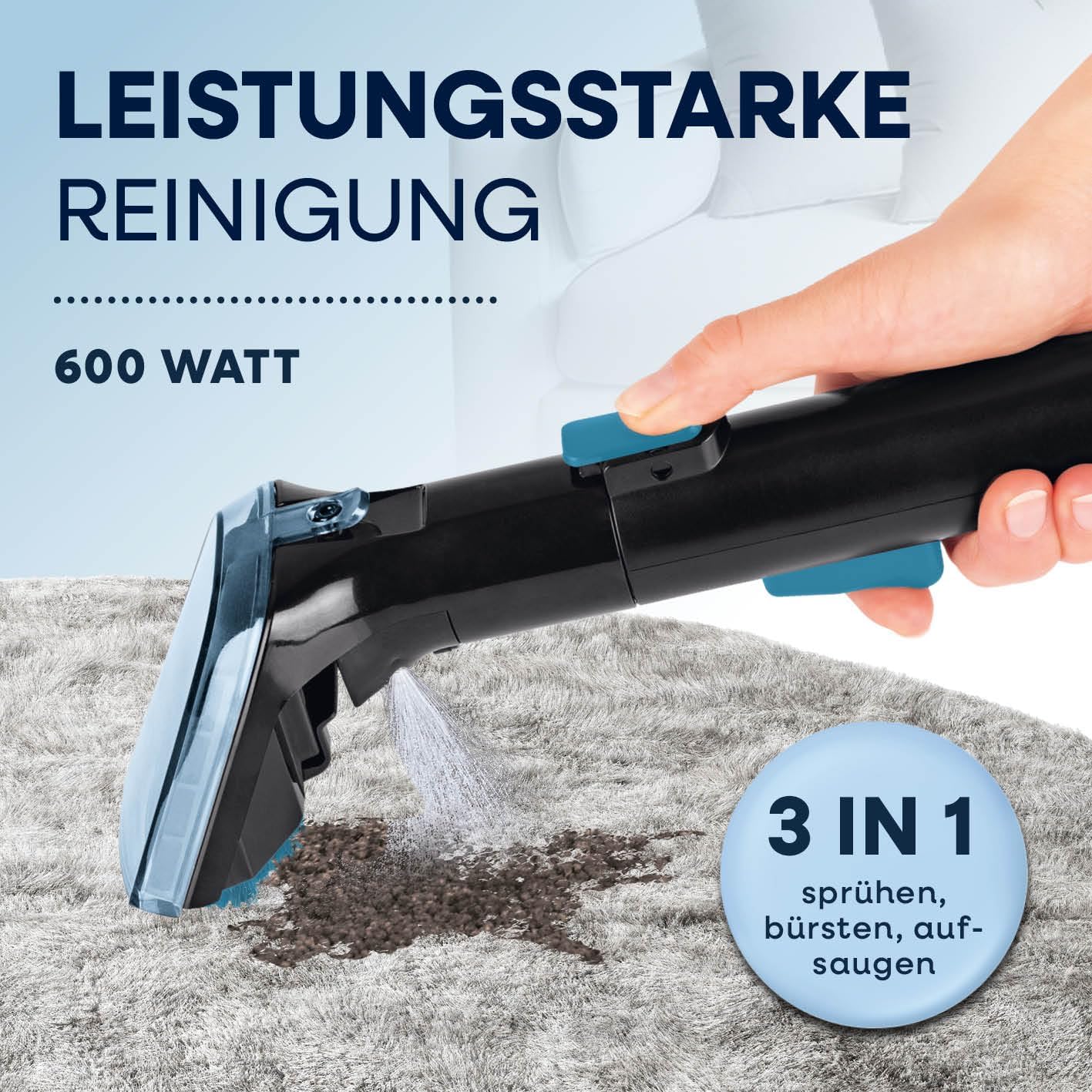 CLEANmaxx Pro Power Polsterreiniger Gerät 600W Blau | leistungsstarker Waschsauger mit Dual-Tank & Selbstreinigung | ideal für Sofa Auto Teppich Polster | starke Fleckenentfernung — Ansicht 3