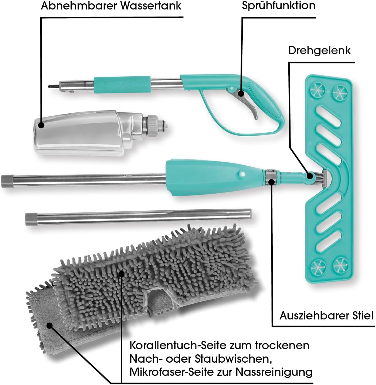 CLEANmaxx Spray-Mopp mit Wendefunktion | Bodenwischer mit Sprühfunktion & flexiblem Teleskopstiel | Wendefunktion zur einfachen Nass- und Trockenreinigung, auch für empfindliche Böden — Ansicht 5