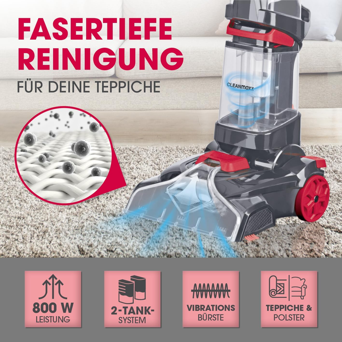 CLEANmaxx Teppichreiniger AquaStream Plus | 3 in 1: waschen, reinigen, absaugen | Nasssauger mit Vibrationsbürsten und Seitenbürsten | Waschsauger mit Polsterdüse, Shampoo und Ersatzbürste — Ansicht 2