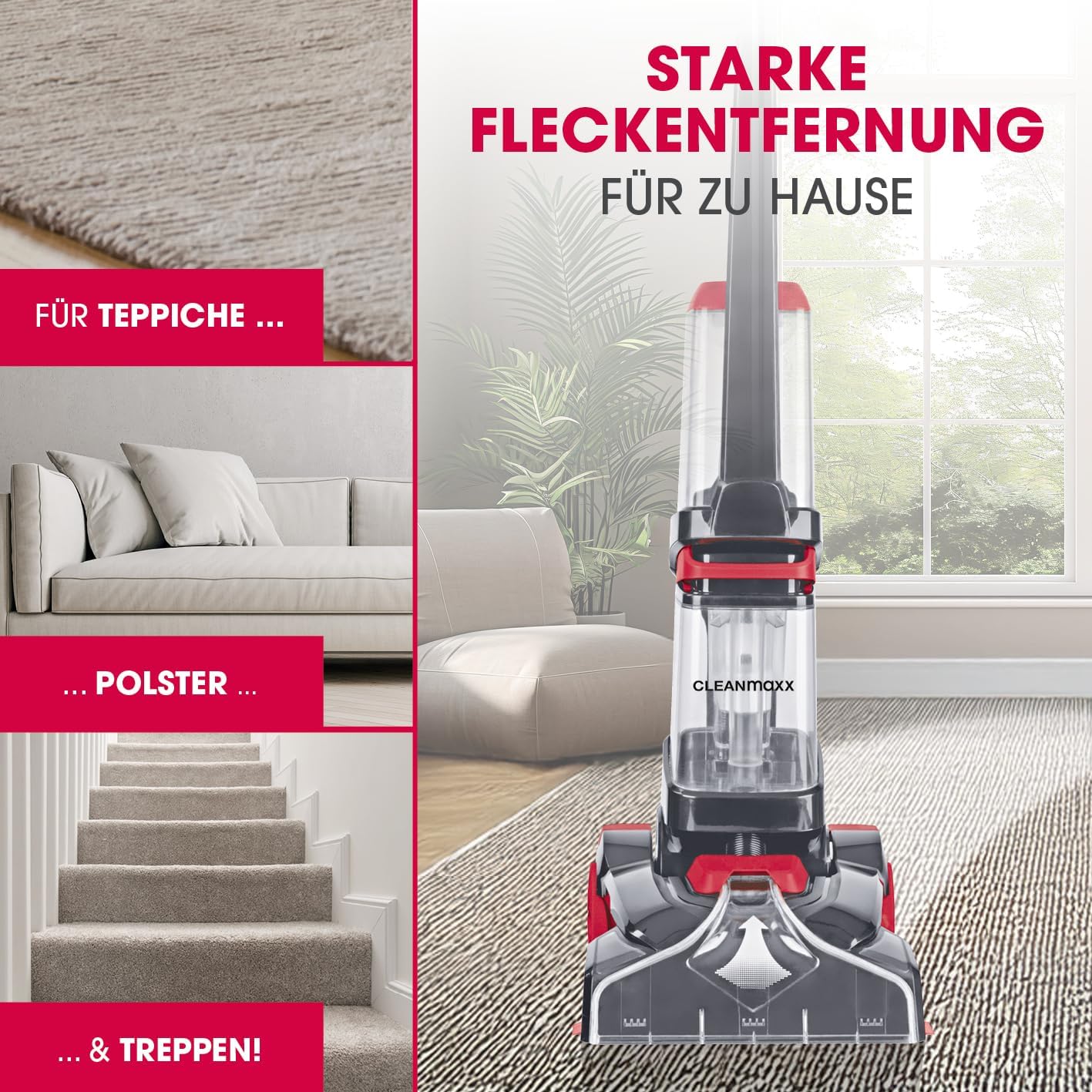 CLEANmaxx Teppichreiniger AquaStream Plus | 3 in 1: waschen, reinigen, absaugen | Nasssauger mit Vibrationsbürsten und Seitenbürsten | Waschsauger mit Polsterdüse, Shampoo und Ersatzbürste — Ansicht 3