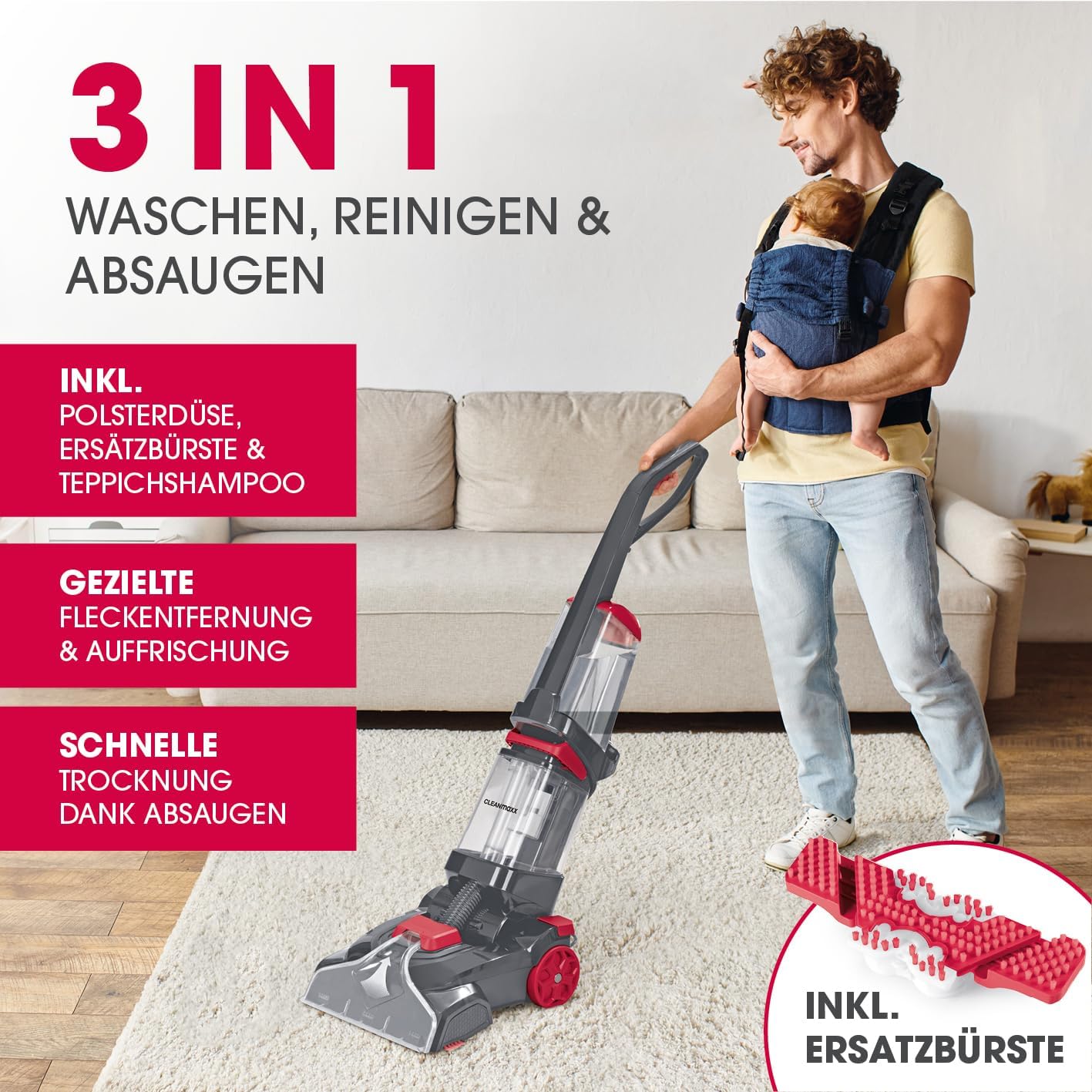 CLEANmaxx Teppichreiniger AquaStream Plus | 3 in 1: waschen, reinigen, absaugen | Nasssauger mit Vibrationsbürsten und Seitenbürsten | Waschsauger mit Polsterdüse, Shampoo und Ersatzbürste — Ansicht 4