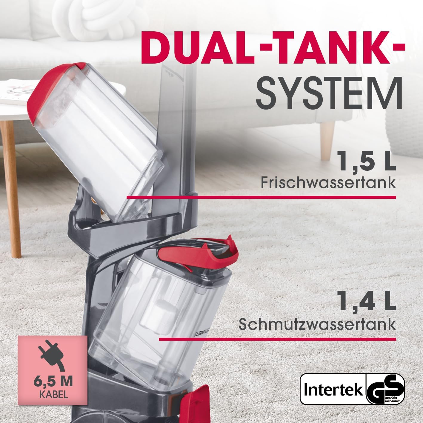 CLEANmaxx Teppichreiniger AquaStream Plus | 3 in 1: waschen, reinigen, absaugen | Nasssauger mit Vibrationsbürsten und Seitenbürsten | Waschsauger mit Polsterdüse, Shampoo und Ersatzbürste — Ansicht 5