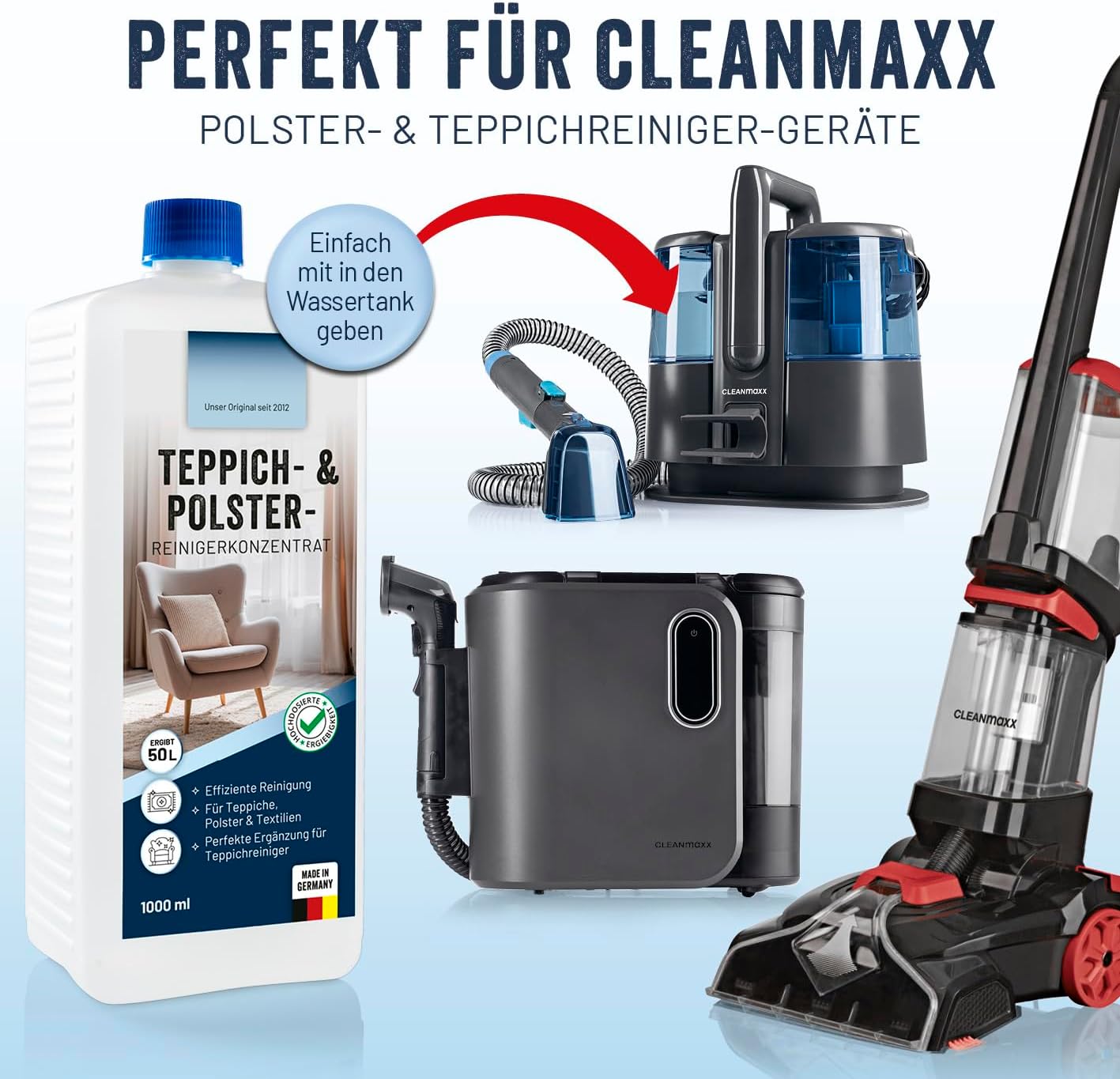 CLEANmaxx Teppichshampoo – ideal als Teppichreiniger & Polsterreiniger | Teppichreiniger Mittel – auch als Reiniger für Waschsauger & Foam Cleaner | geeignet für Sofa, Auto, Teppich, Polster etc. — Ansicht 3