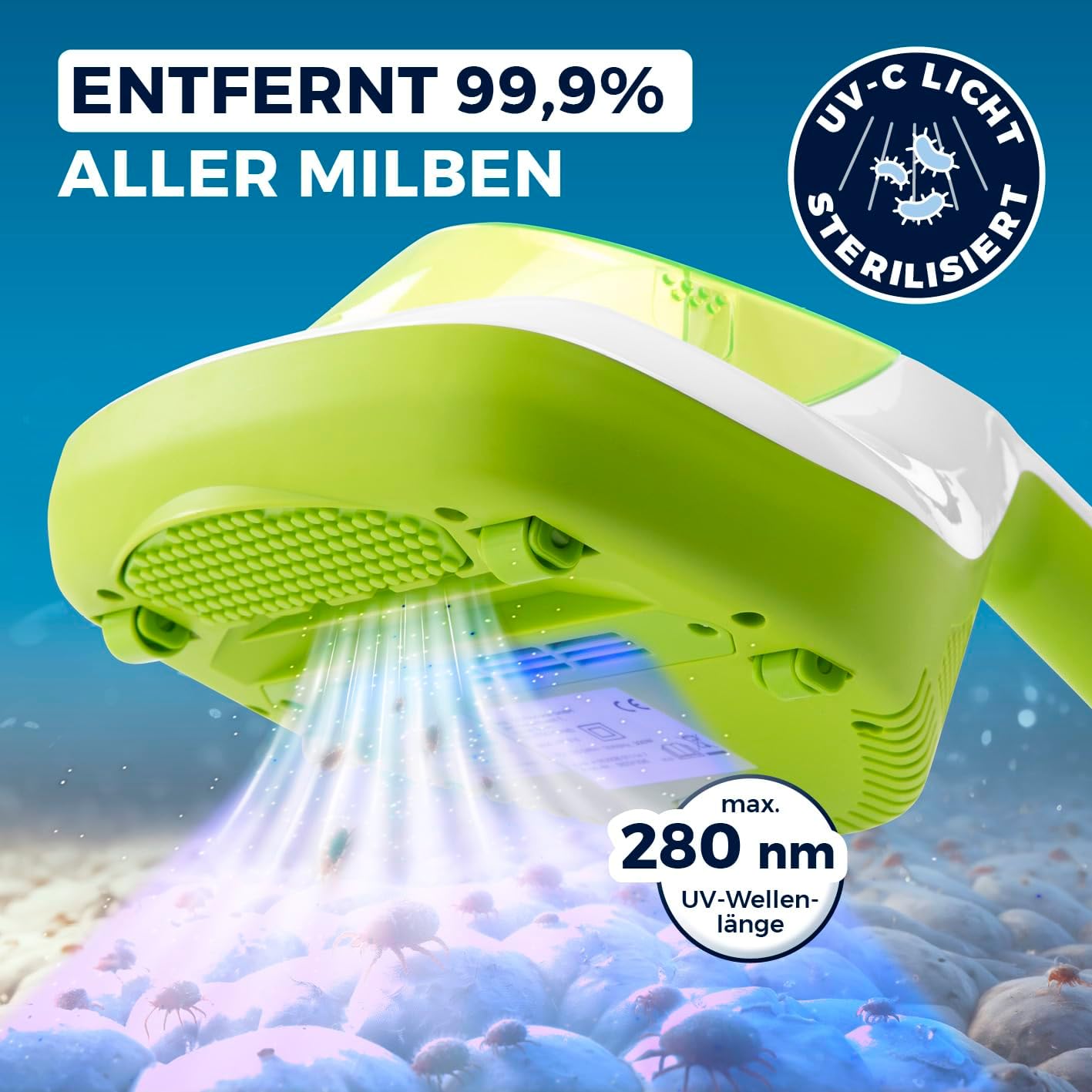 Ein grünes UV-C-Lichtgerät ist abgebildet, das Licht auf Hausstaubmilben abstrahlt, wobei der Text besagt, dass es 99,9 % aller Milben entfernt und eine UV-C-Lichtsterilisation bei einer Wellenlänge von 280 nm bietet.