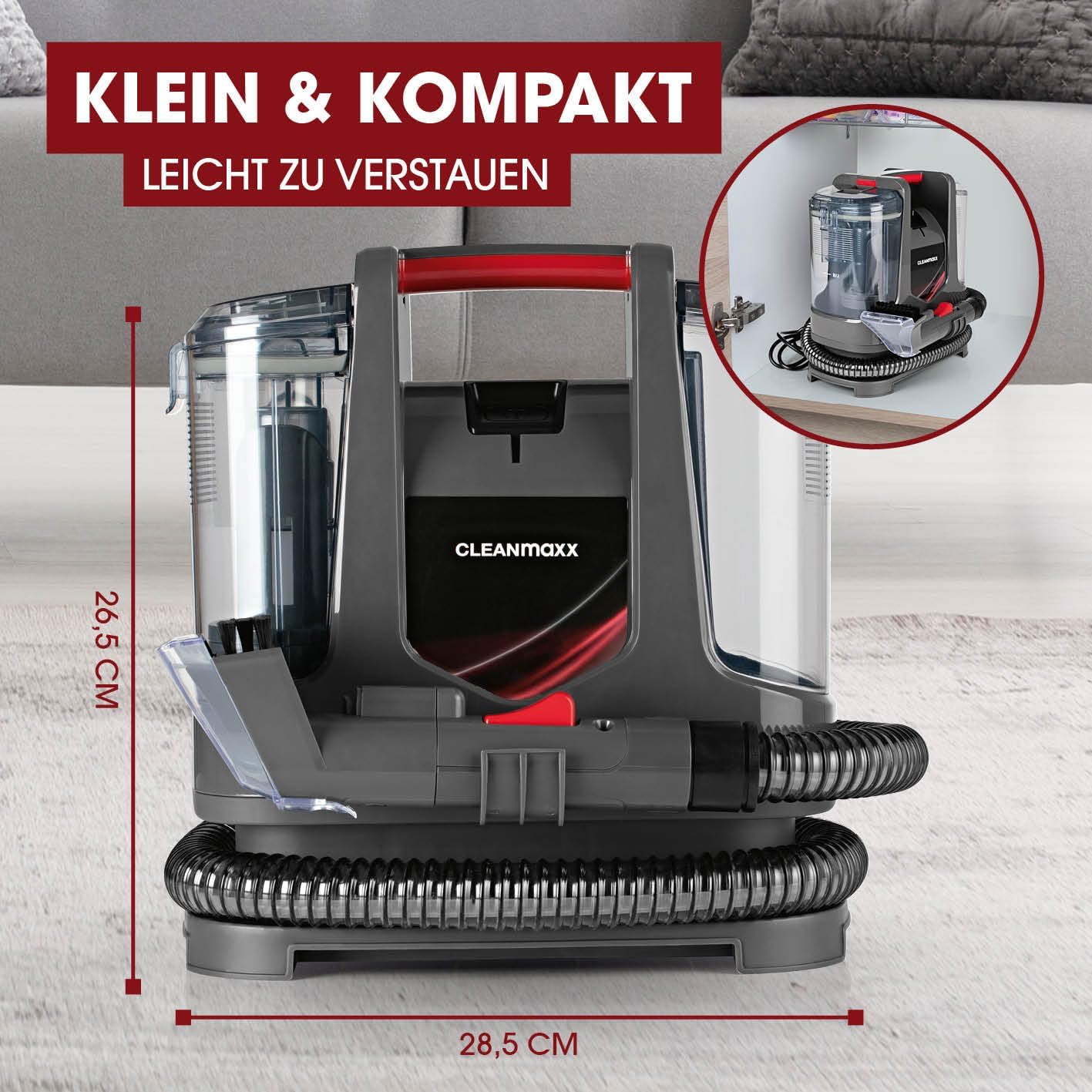 Abgebildet ist ein kompakter Staubsauger CLEANmaxx mit Schlauch, der 28,5 cm breit und 26,5 cm hoch ist und in einem Regal steht. Der Text weist darauf hin, dass er klein und leicht zu verstauen ist.